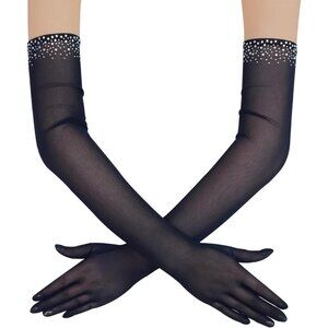 Women's Sexy Pearl Beaded Navy Blue Long Gloves Tulle Mesh Wedding Party Prom